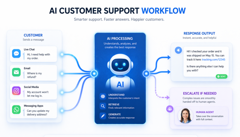 clean modern visualization of an AI customer support workflow