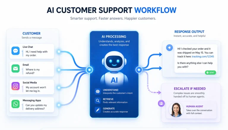 clean modern visualization of an AI customer support workflow