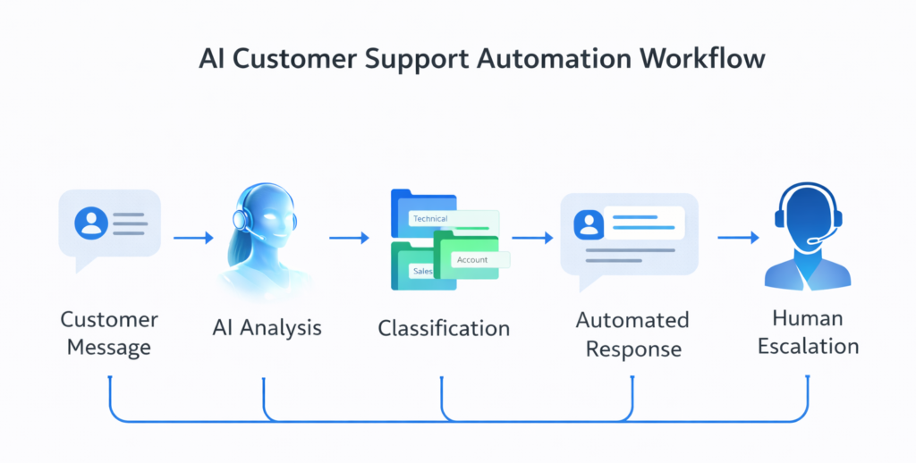 A clean modern visualization of an AI customer support workflow
