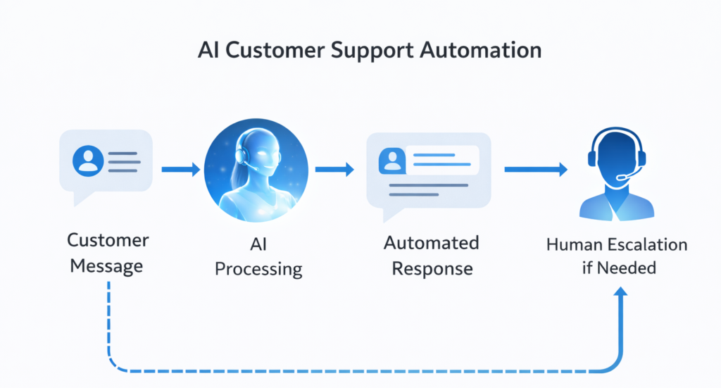Visual workflow diagram showing AI customer support automation,