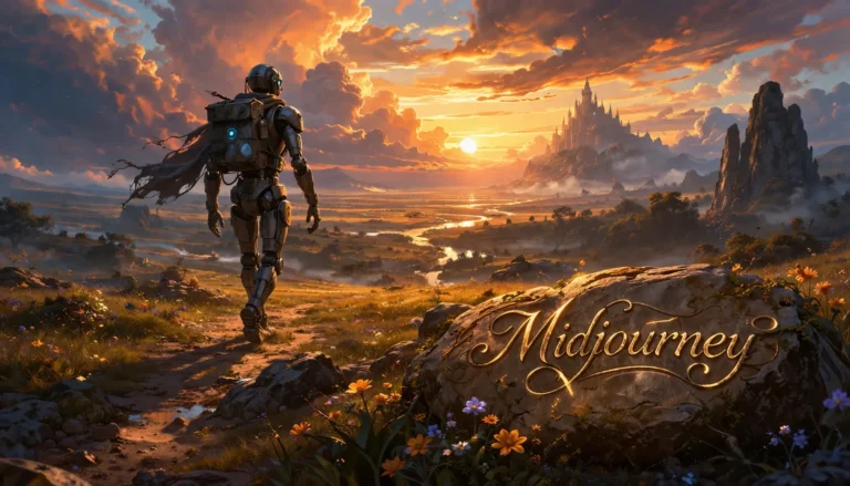 A lone wandering robot walking through a vast ethereal landscape at golden hour, dramatic clouds, glowing horizon,