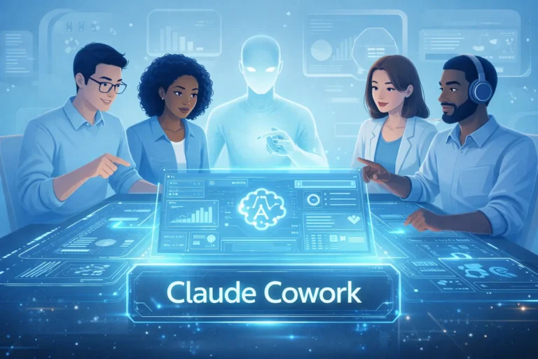 A team of digital avatars collaborating around a glowing AI workspace interface,