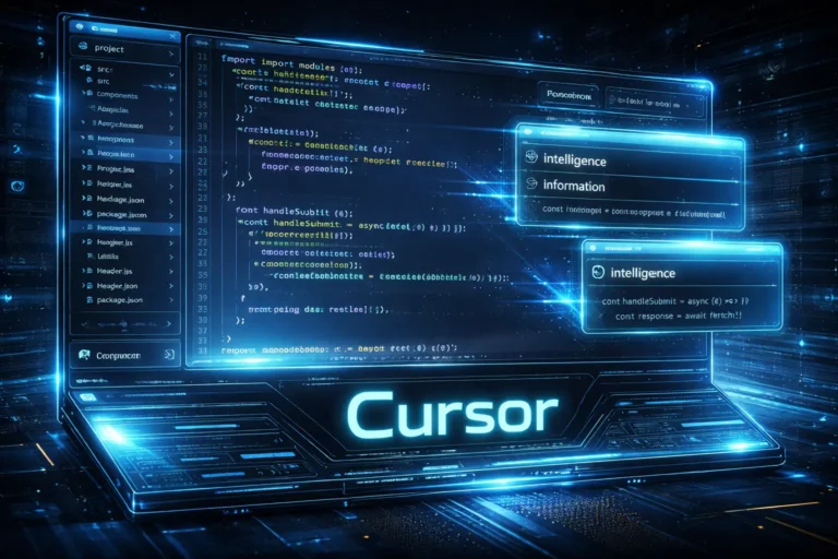 A futuristic code editor glowing on a dark screen