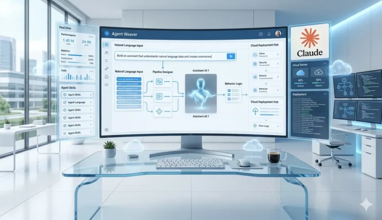 A modern AI workspace showing a dashboard with an AI agent