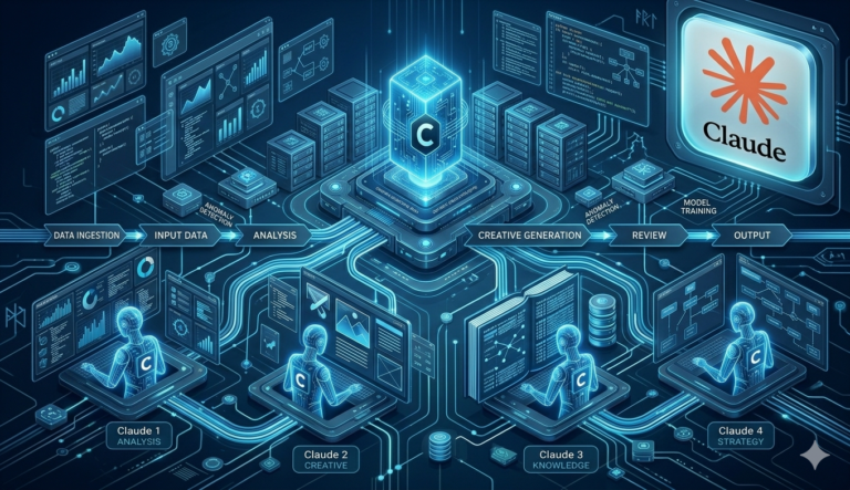A modern AI workflow scene showing multiple Claude-style AI agents
