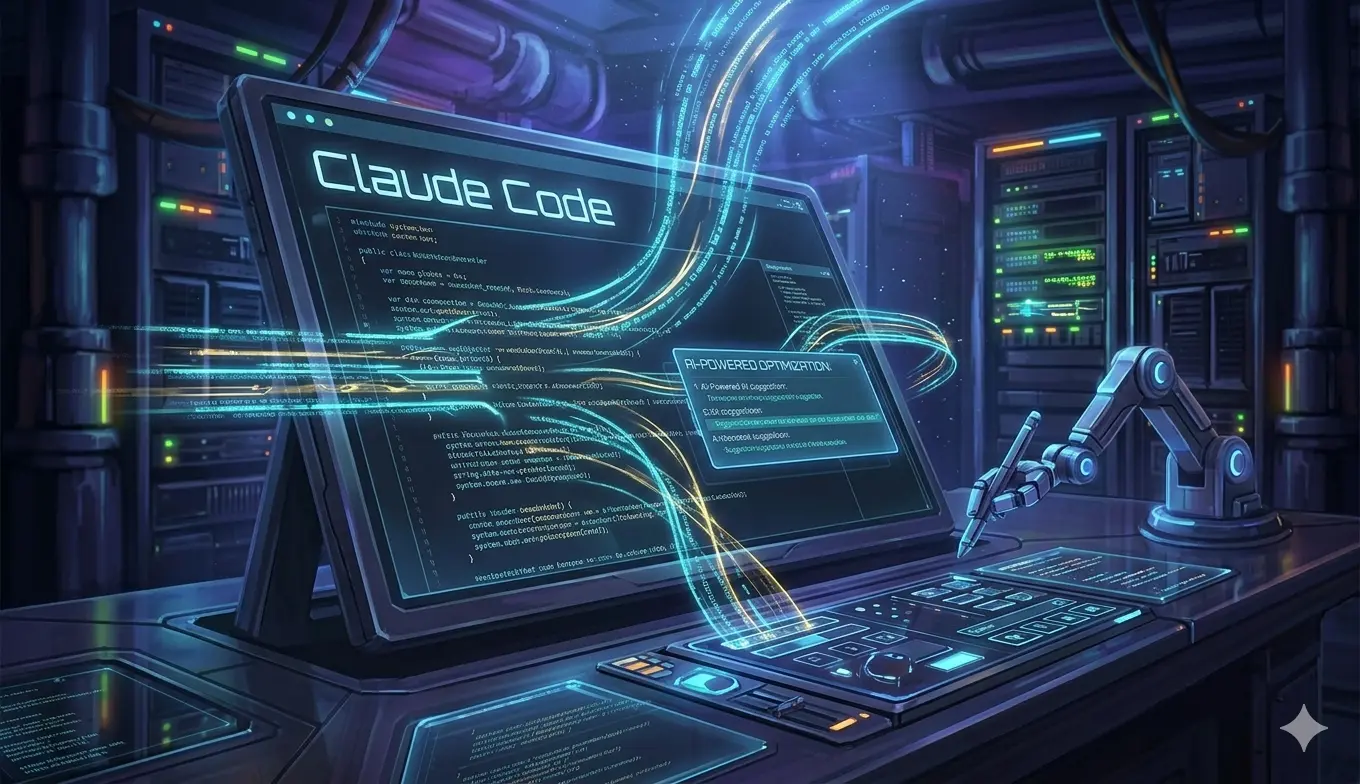 Glowing lines of code flowing through a futuristic AI-powered terminal,