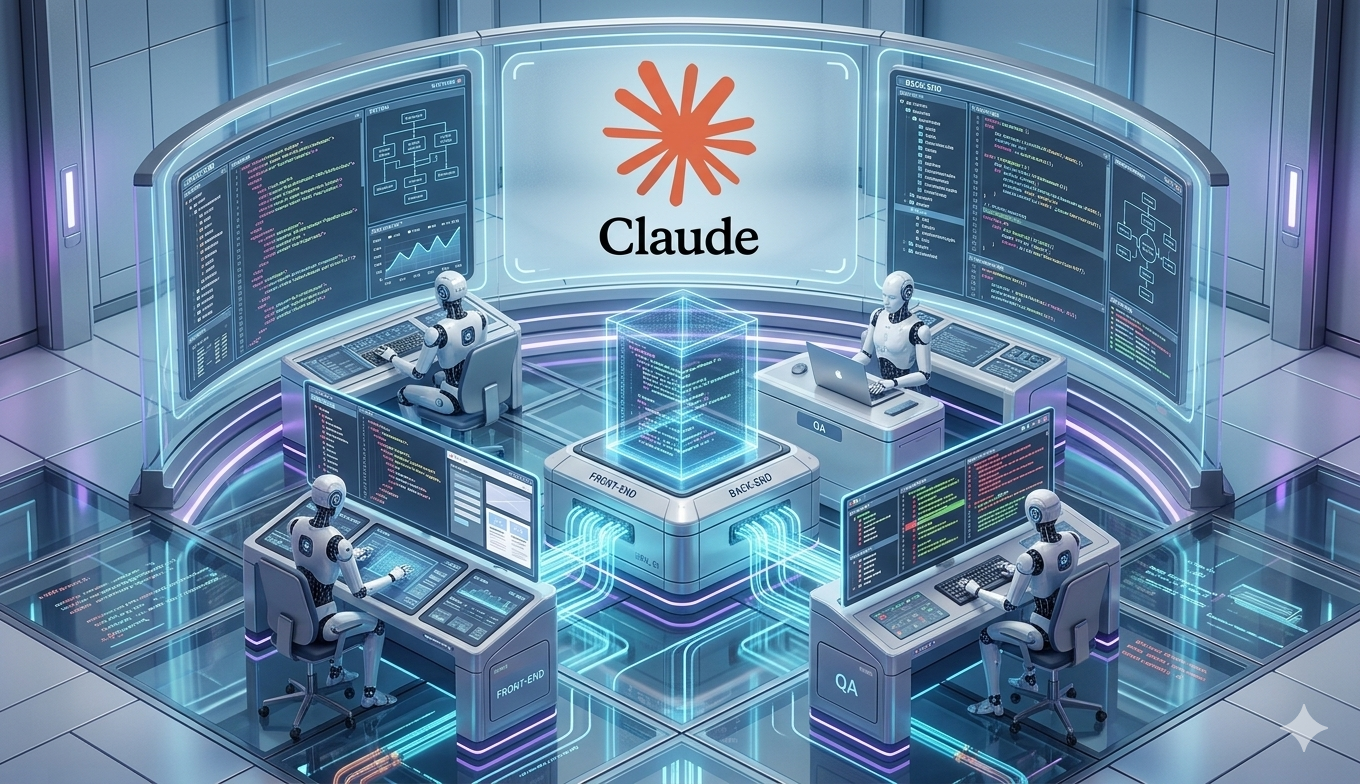 A futuristic workspace showing multiple AI agents