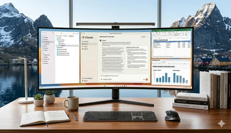 A professional author workspace with an AI writing assistant on a desktop app