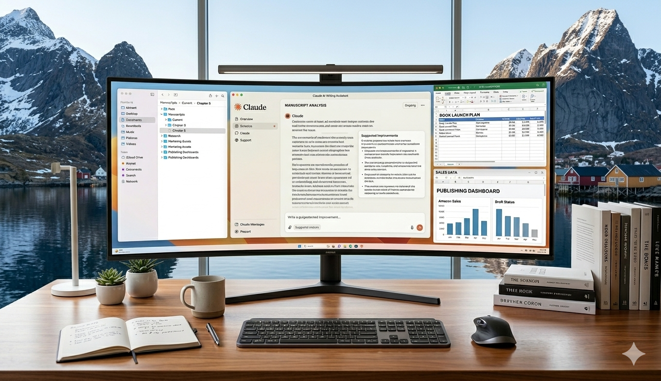 A professional author workspace with an AI writing assistant on a desktop app