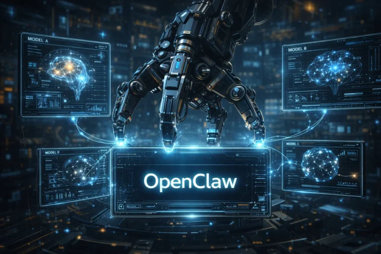 A powerful robotic claw interfacing with multiple AI model screens