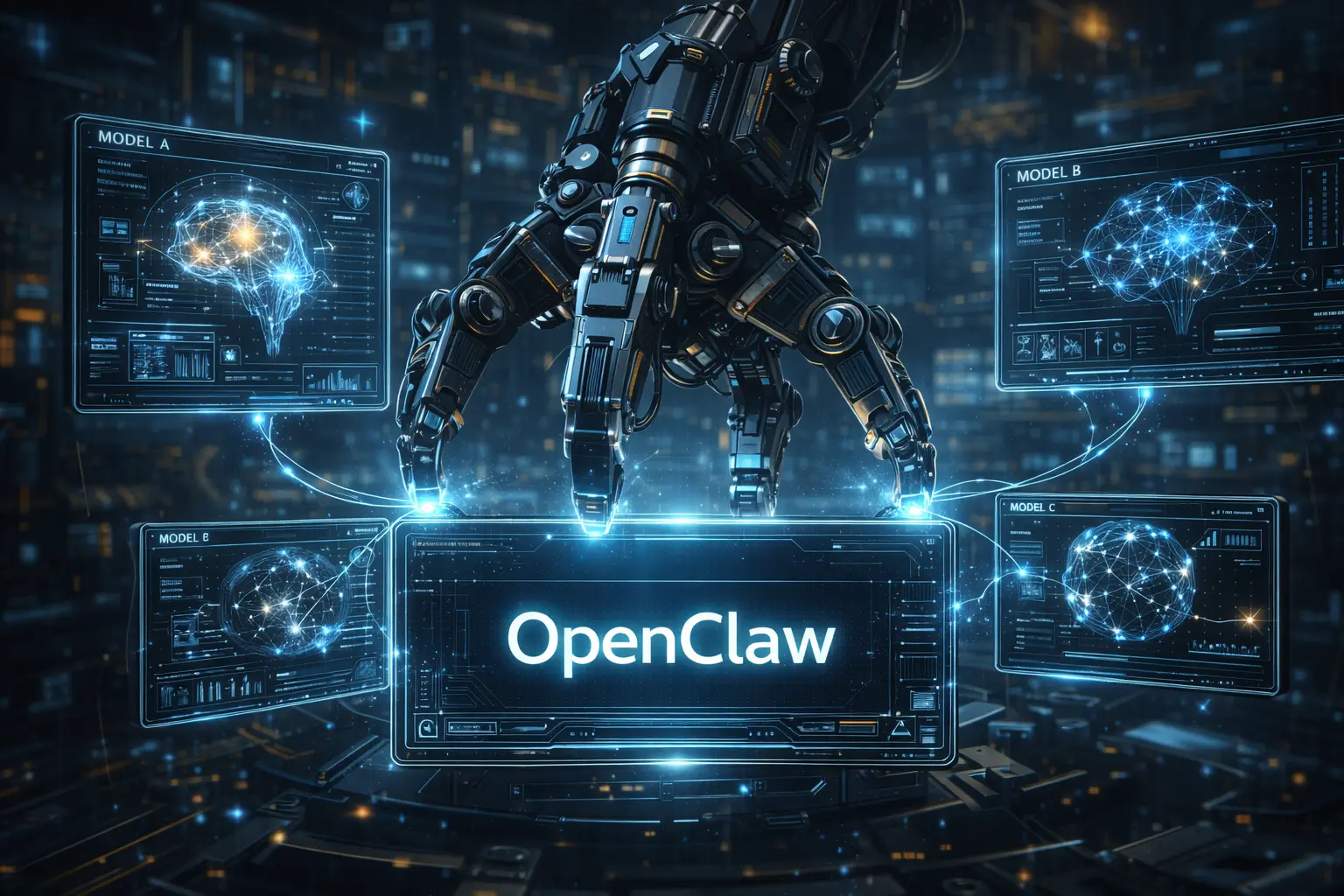 A powerful robotic claw interfacing with multiple AI model screens