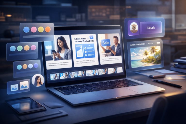 A modern content creator workspace showing a sleek AI-powered social media workflow